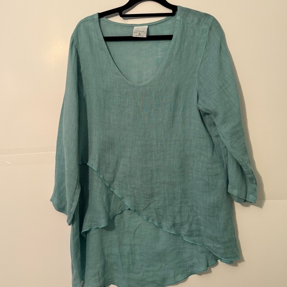 Click by Color Me Cotton 100% linen high low Aqua Women's Tunic flaw?